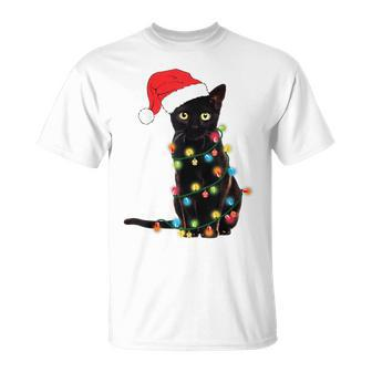 Black Cat Christmas Light Cat Lover Christmas T-Shirt - Seseable