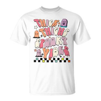 Groovy Thick Thighs Spooky Vibes Cute Ghost Hippie Halloween Halloween Funny Gifts Unisex T-Shirt | Mazezy