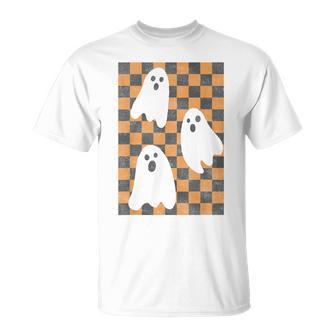 Halloween Ghosts Spooky Season Checker Board Distressed T-Shirt | Mazezy