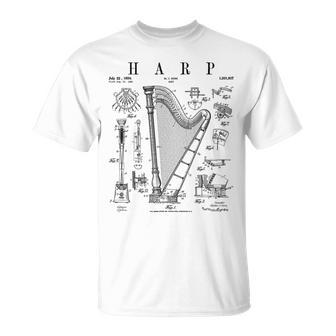 Harp Vintage Patent Harpist Drawing Print T-Shirt | Mazezy