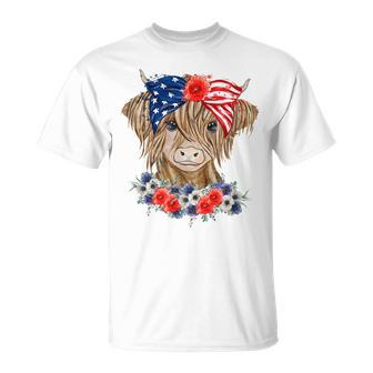 Highland Cow Heifer Bandana American Flag 4Th Of July Unisex T-Shirt | Mazezy