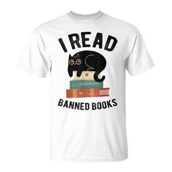 I Read Banned Books Librarians Black Cat Reader Bookworm Unisex T-Shirt | Mazezy