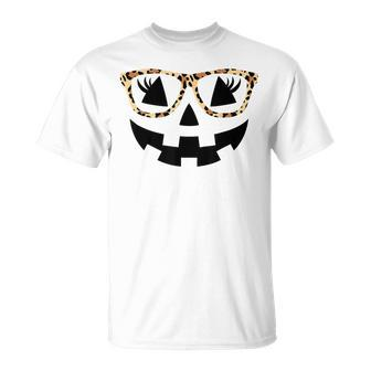 Jack O Lantern Face Pumpkin Hallowen Leopard Print Glasses T-Shirt - Monsterry