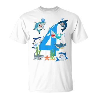 Kids 4 Years Old Shark Ocean-Theme Party 4Th Birthday Boy Unisex T-Shirt | Mazezy