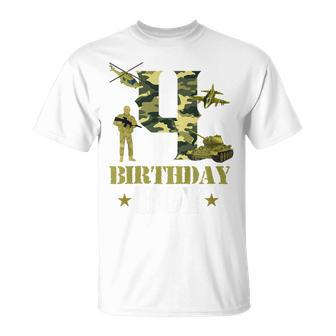 Kids 4Th Birthday Military Themed Camo Boys 4 Yrs Old Soldier Unisex T-Shirt | Mazezy