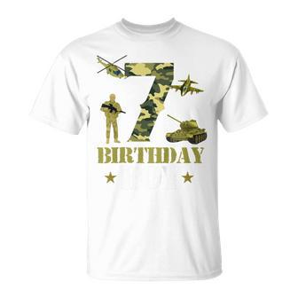 Kids 7Th Birthday Military Themed Camo Boys 7 Yrs Old Soldier Unisex T-Shirt | Mazezy