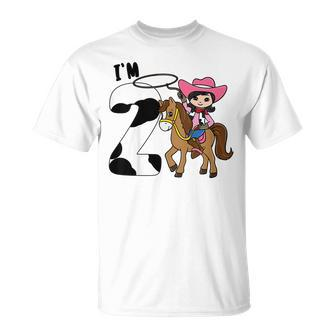 Kids Im Two Cute Horse Riding Cowgirl 2Nd Birthday Girls Unisex T-Shirt | Mazezy