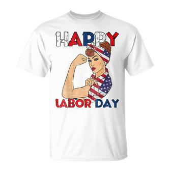 Labor Day Rosie The Riveter American Flag Woman Usa T-Shirt - Seseable