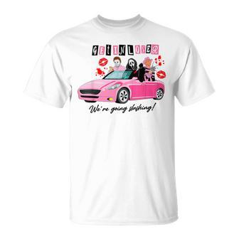 Get In Loser We're Going Slashing Pink Car Horror Character T-Shirt - Monsterry