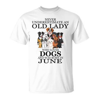 Never Underestimate An Old Lady Who Loves Dogs June Unisex T-Shirt - Seseable