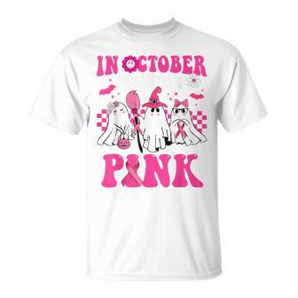 In October We Wear Pink Breast Cancer Ghosts Halloween T-Shirt | Mazezy