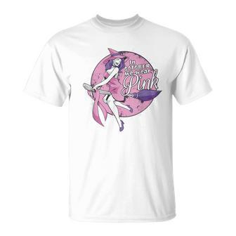 In October We Wear Pink Ribbon Witch Halloween Breast Cancer T-Shirt - Monsterry