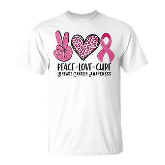 Peace Love Cure Breast Cancer Awareness Warrior Pink Ribbon T-Shirt - Monsterry