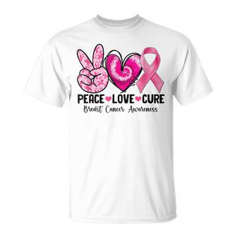 Peace Love Cure Breast Cancer Awareness Warrior Pink Ribbon T-Shirt | Mazezy