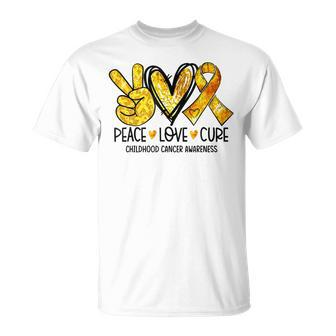 Peace Love Cure Childhood Cancer Awareness Gold Ribbon T-Shirt - Seseable