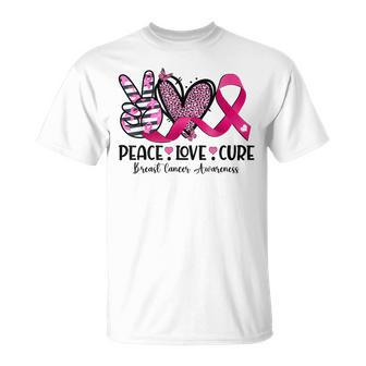 Peace Love Cure Pink Ribbon Leopard Cancer Breast Awareness T-Shirt | Mazezy