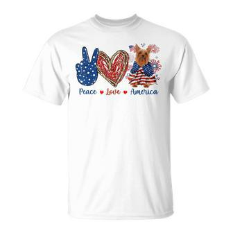 Peace Love Silky Terrier Dog Patriotic America Flag 4Th July Unisex T-Shirt | Mazezy DE
