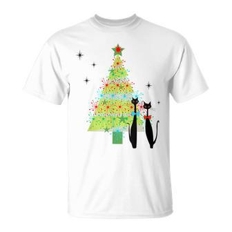 Retro Mid Century Modern Cool Cat Christmas Tree T-Shirt - Seseable