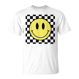 Retro Happy Face 70S Vintage Checkered Pattern Smile Face Unisex T-Shirt | Mazezy