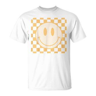 Retro Happy Face Yellow Vintage Checkered Pattern Smile Face Unisex T-Shirt | Mazezy