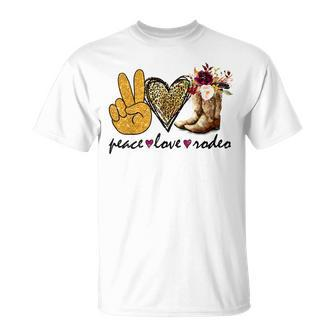 Retro Peace Love Rodeo Cowboy Boots Western Country Cowgirl Unisex T-Shirt | Mazezy