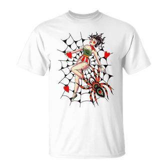 Retro Pin Up Girl Trapped In Spider Web Vintage Halloween Halloween Funny Gifts Unisex T-Shirt | Mazezy