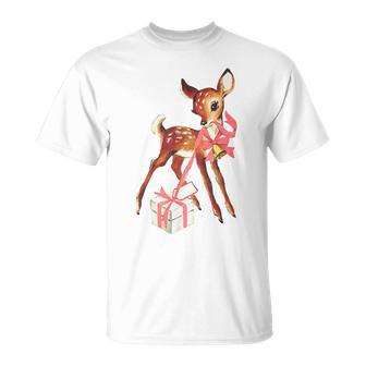 Retro Vintage Reindeer Pink Christmas Baby Deer Cottagecore T-Shirt | Mazezy