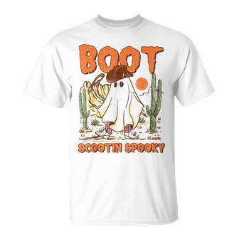 Retro Western Halloween Cowboy Ghost Boot Scootin Spooky T-Shirt - Monsterry