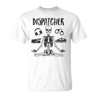 Spooky Dispatcher 911 Halloween Police Skeleton Meditating T-Shirt | Mazezy UK