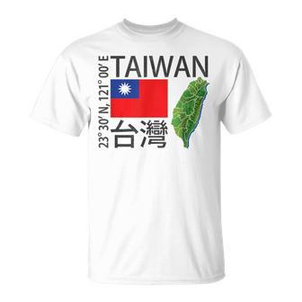 Taiwan Flag And Map Latitude Longitude Coordinates Unisex T-Shirt | Mazezy DE