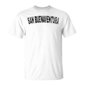 Vintage San Buenaventura Black Text Apparel T-Shirt | Mazezy