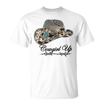 Western Cowgirl Up Leopard Turquoise Hat Cowhide Rodeo Unisex T-Shirt | Mazezy