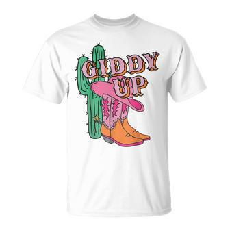 Western Texas Giddy Up Cowgirl Cowboy Boots Cactus Unisex T-Shirt | Mazezy