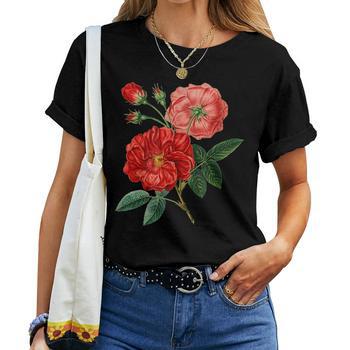 Black back sold rose flower print women's short-sleeved T-shirt