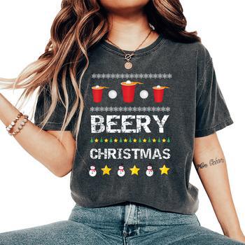 Beery Christmas Beer Pong Ugly Christmas Sweater Women T shirt Mazezy CA