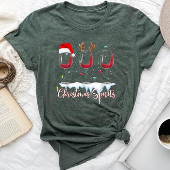 Funny Christmas T-Shirt For Women - Wine Glasses Graphic Tee, Short Sleeve Holiday Top