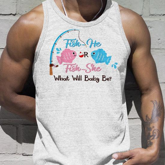 Fishhe Or Fishshe Gender Reveal Decorations Gone Fishing Unisex Tank Top