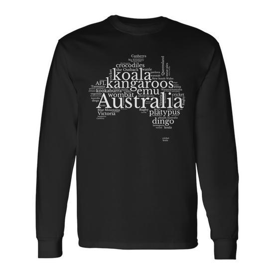 Australia Word Map Kangaroos Koala Wombat Emu Dingo Long Sleeve T-Shirt |  Mazezy