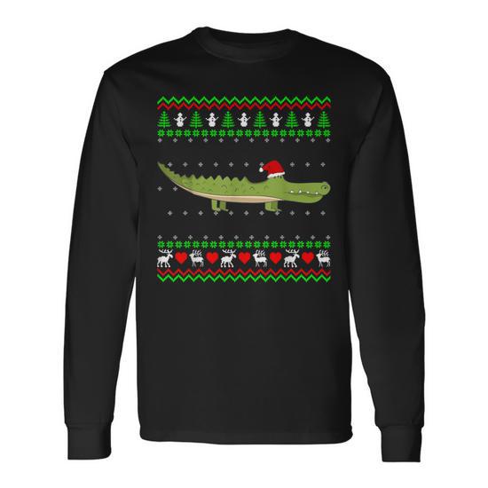 Crocodile Ugly Christmas Sweater Long Sleeve T-Shirt | Mazezy