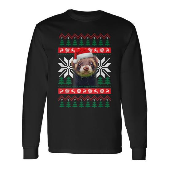 Ferret Ugly Christmas Sweater Style Santa Hat Animal Long Sleeve T Shirt Monsterry