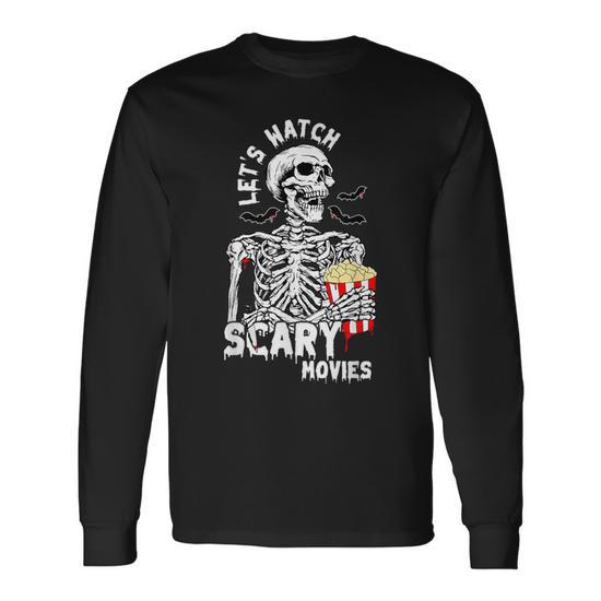 Let's Watch Scary Movies Skull Pattern Tee, Men's Casual Crew Neck