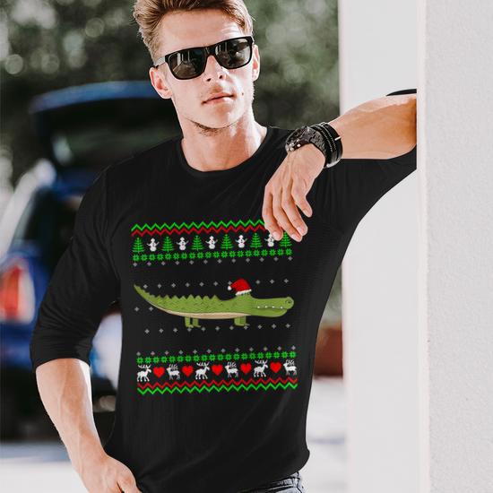 Crocodile Ugly Christmas Sweater Long Sleeve T-Shirt | Mazezy