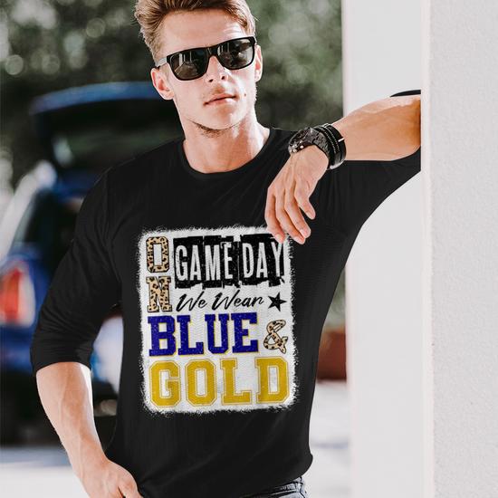 On Gameday Football We Wear Blue And Gold School Spirit Long Sleeve T-Shirt  - Seseable