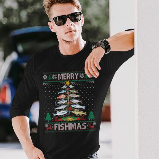 Merry Fishmas Ugly Sweater Fish Fishing Rod Christmas Tree Long