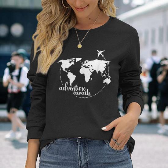 Adventure Awaits World Map For Travel Vacations Long Sleeve T