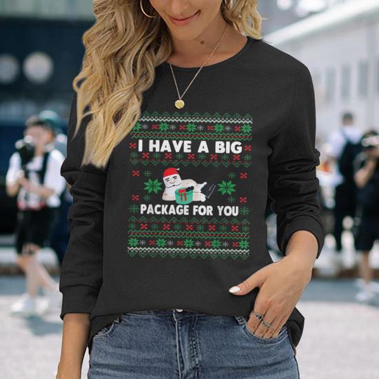 I Have A Big Package For You Christmas Ugly Sweater Long Sleeve T Shirt Mazezy