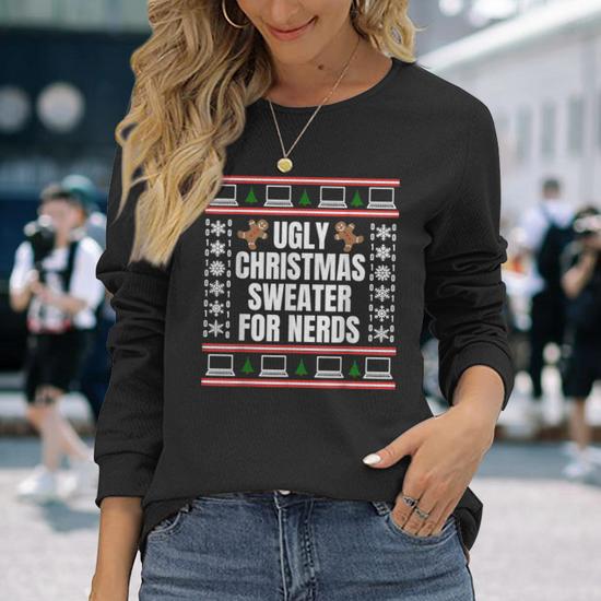 Binary Ugly Christmas Sweater For Nerds Showing Laptops Long Sleeve T Shirt Monsterry