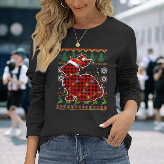 Red Plaid Rabbit Bunny Santa Ugly Christmas Sweater Pajamas Long Sleeve T Shirt Monsterry