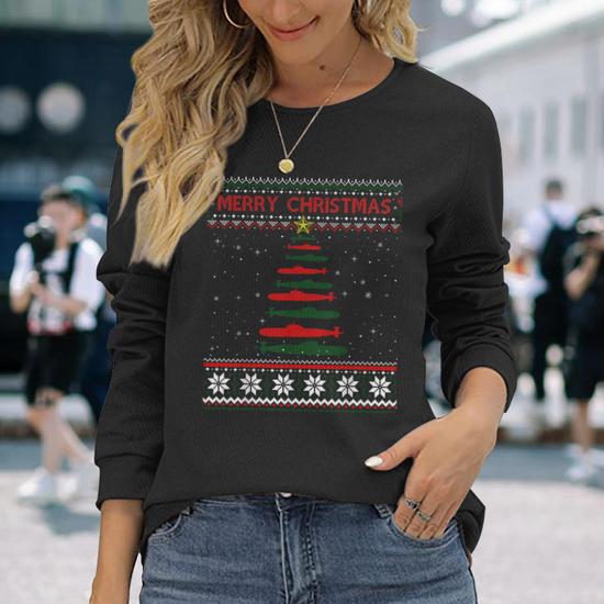 Submarine Navy Military Tree Ugly Christmas Sweater Back Print Long Sleeve T Shirt Monsterry