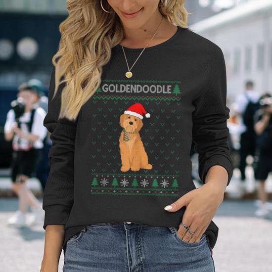 Xmas Goldendoodle Dog Ugly Christmas Sweater Party Long Sleeve T Shirt Monsterry